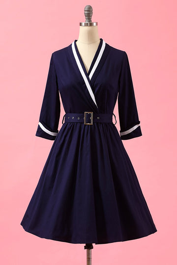 Robe Portefeuille Patchwork Bleu Marine à Col en V